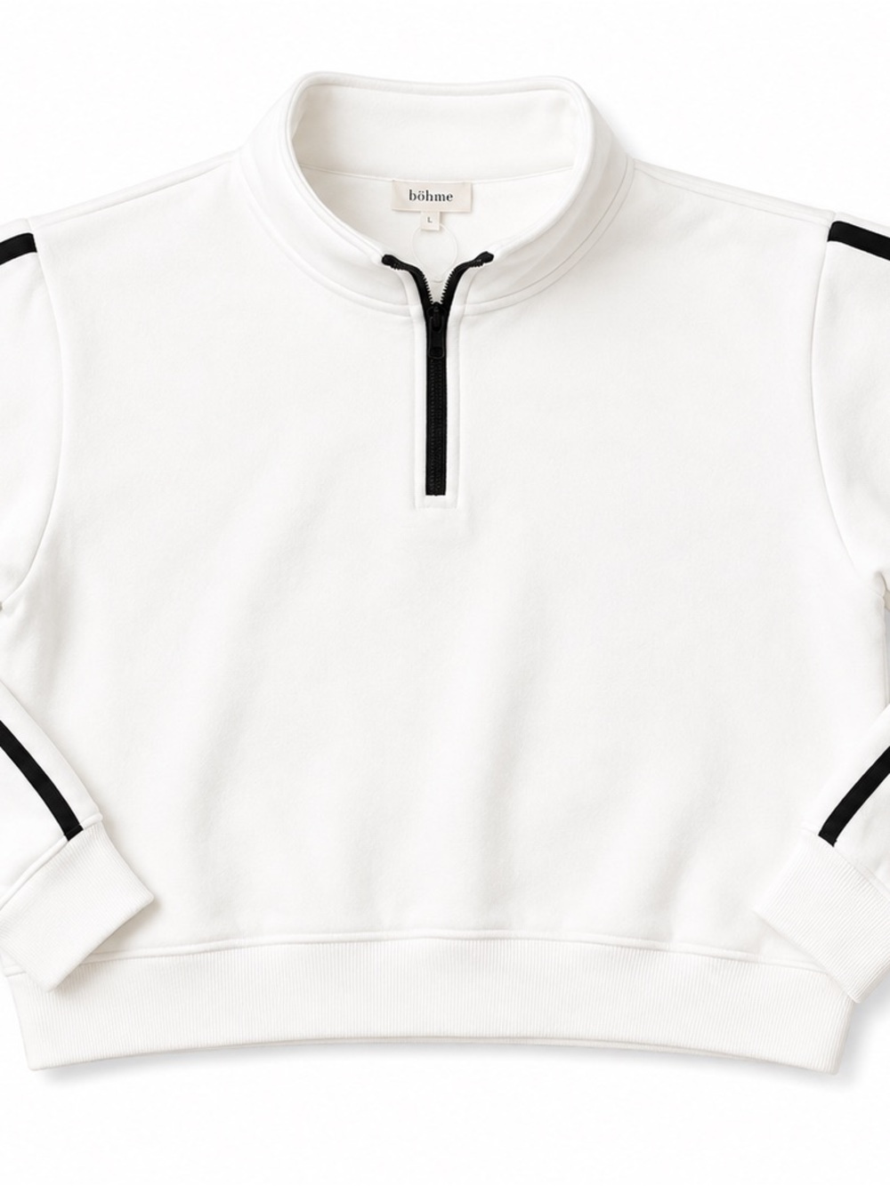 NWT Bohme White Quarter-Zip Crop Thick Sweatshirt with Black Trim
